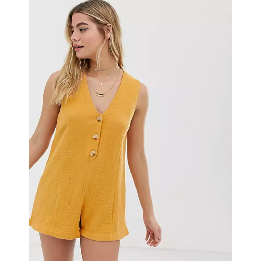 Rhythm Camille Button Up Beach Romper Marigold Orange Size Med